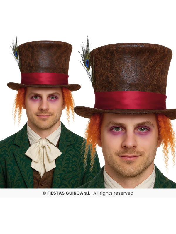 Chapeau Chapelier Fou adulte marron avec cheveux orange