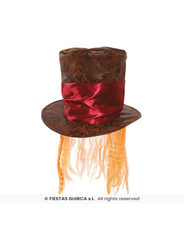 Chapeau Chapelier Fou adulte marron avec cheveux orange