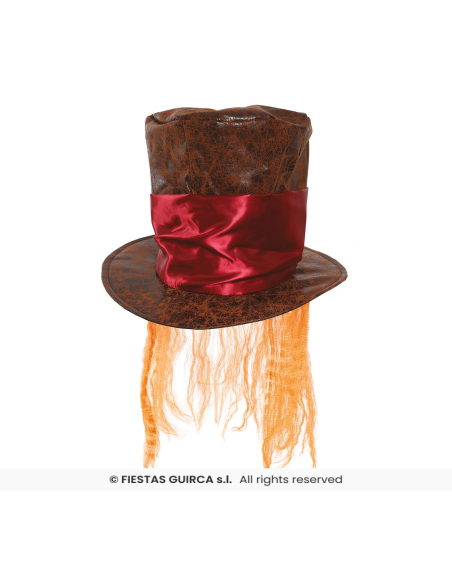 Chapeau Chapelier Fou adulte marron avec cheveux orange