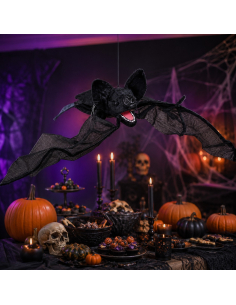 Chauve-souris Halloween animée 70 cm – ailes mobiles, son et lumière LED