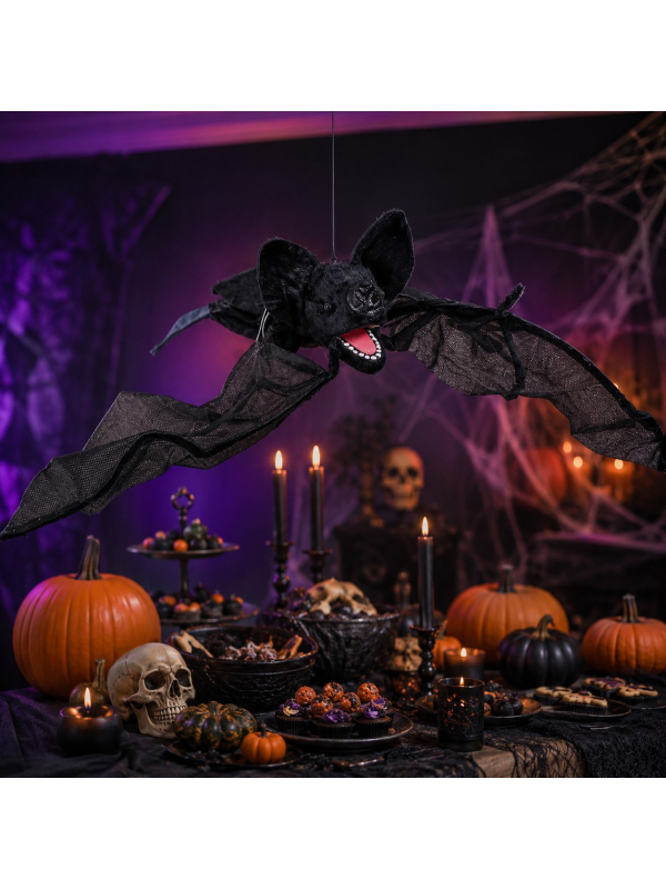 Chauve-souris Halloween animée 70 cm – ailes mobiles, son et lumière LED