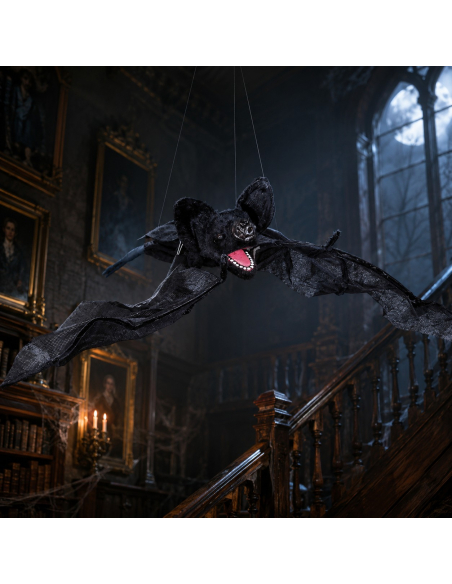 Chauve-souris Halloween animée 70 cm – ailes mobiles, son et lumière LED