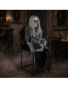 Automate squelette sur chaise Halloween 105 cm – se redresse, son et yeux rouges 2
