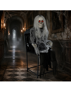 Automate squelette sur chaise Halloween 105 cm – se redresse, son et yeux rouges