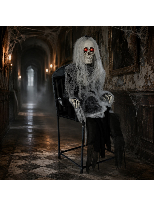 Automate squelette sur chaise Halloween 105 cm – se redresse, son et yeux rouges