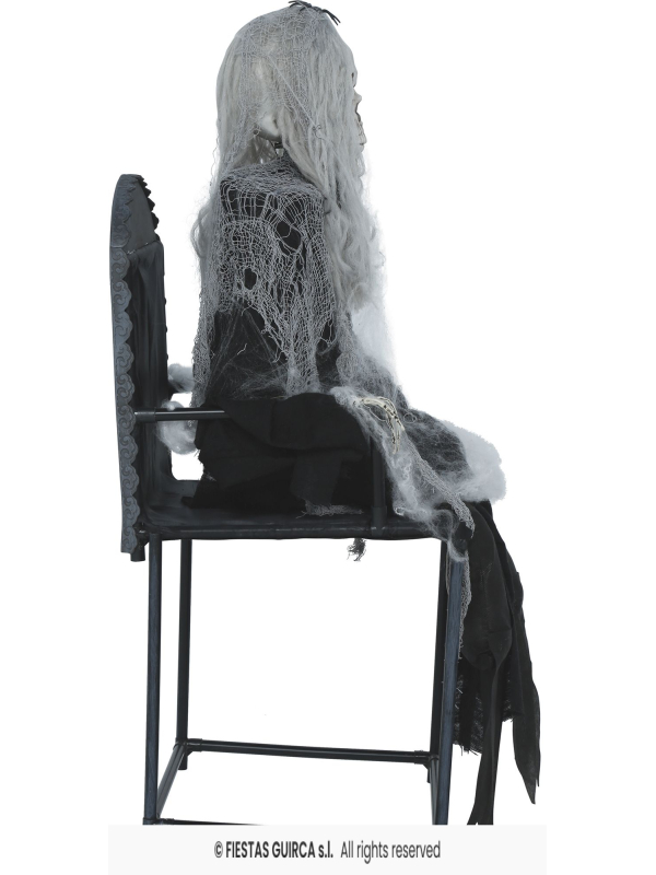Automate squelette sur chaise Halloween 105 cm – se redresse, son et yeux rouges
