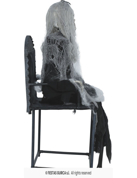 Automate squelette sur chaise Halloween 105 cm – se redresse, son et yeux rouges
