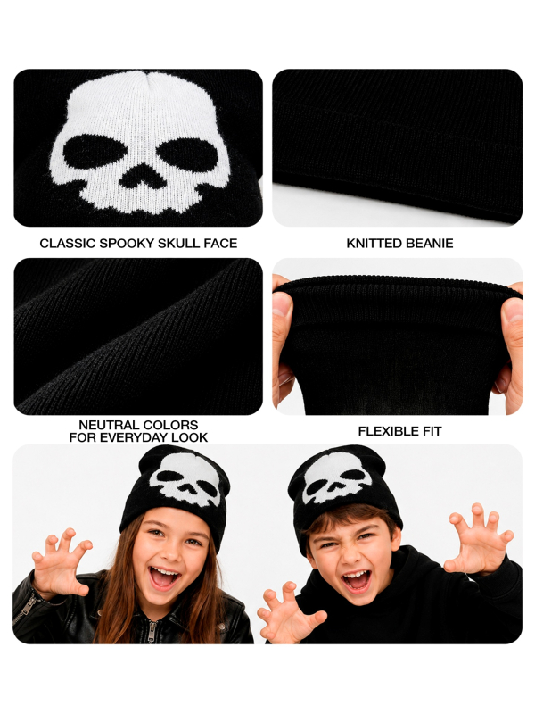 Bonnet tête de mort enfant Halloween – Noir et blanc