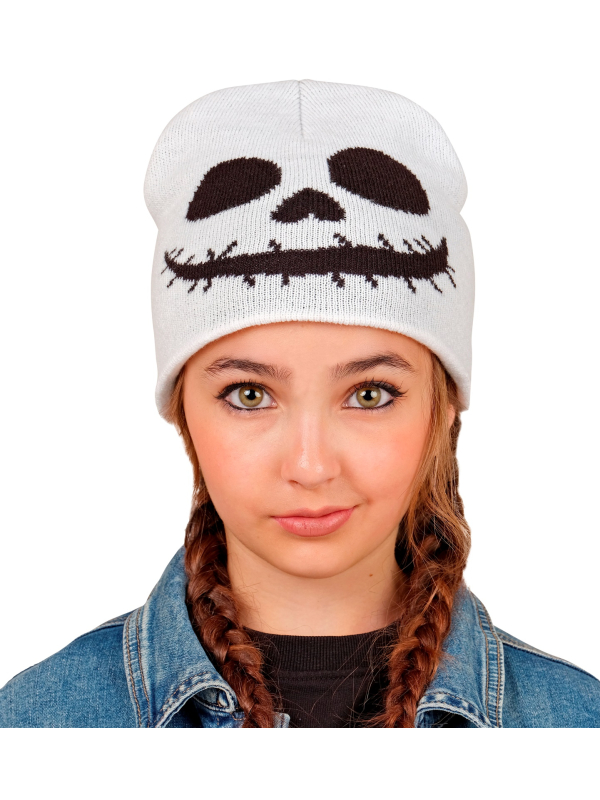 Bonnet fantôme Halloween enfant blanc – Visage noir