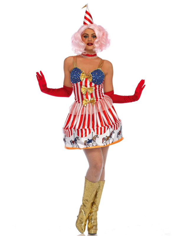 Déguisement clown de carrousel femme avec robe rayée et chapeau