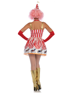 Déguisement clown de carrousel femme avec robe rayée et chapeau 2