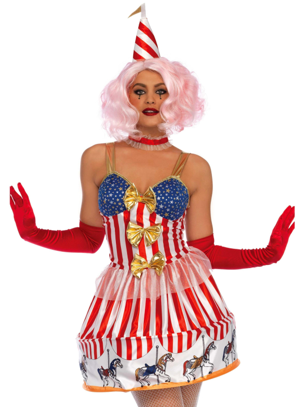 Déguisement clown femme multicolore à nœuds dorés et jupe évasée