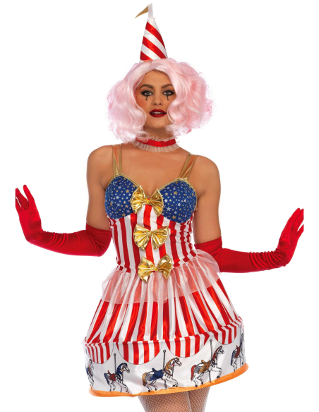 Déguisement clown femme multicolore à nœuds dorés et jupe évasée