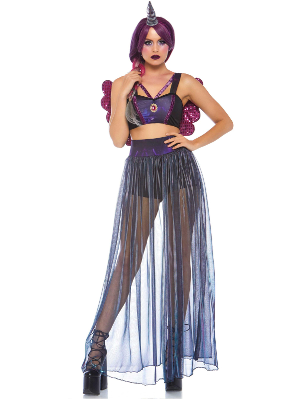 Déguisement licorne galaxie femme violet avec ailes pailletées et corne