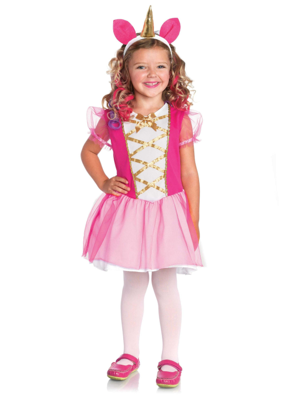 Déguisement licorne fille rose avec bandeau à corne dorée