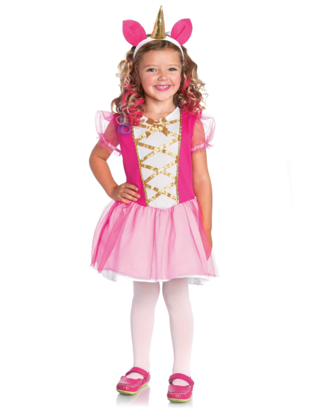 Déguisement licorne fille rose avec bandeau à corne dorée