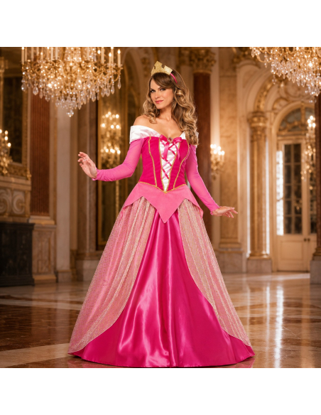 Déguisement princesse Aurore femme rose – robe et couronne