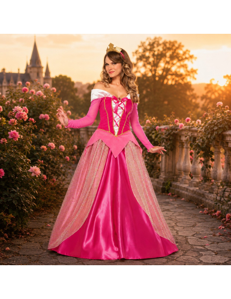 Déguisement princesse Aurore femme rose – robe et couronne