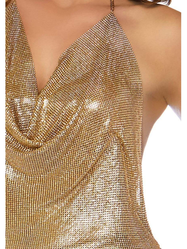 Déguisement disco femme doré avec haut à chaînes et pantalon pattes d’éléphant