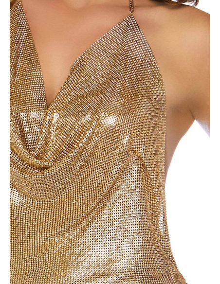 Déguisement disco femme doré avec haut à chaînes et pantalon pattes d’éléphant