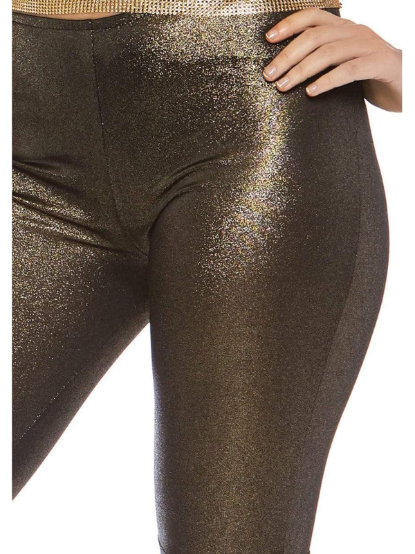 Déguisement disco femme doré avec haut à chaînes et pantalon pattes d’éléphant