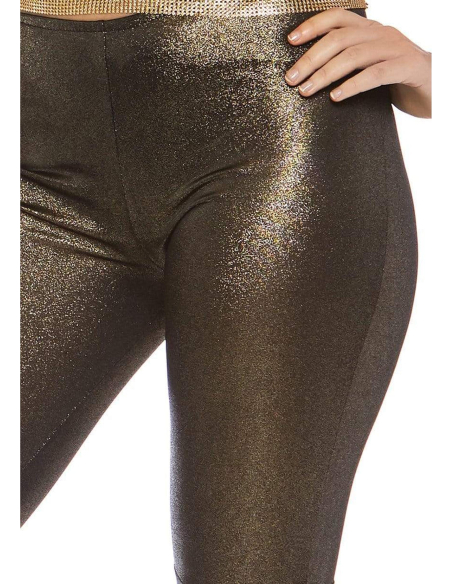 Déguisement disco femme doré avec haut à chaînes et pantalon pattes d’éléphant