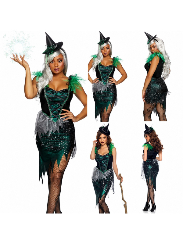Déguisement sorcière femme vert et noir – robe et mini-chapeau