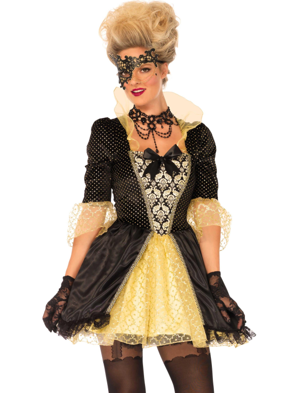 Déguisement marquise baroque femme noir et or avec masque