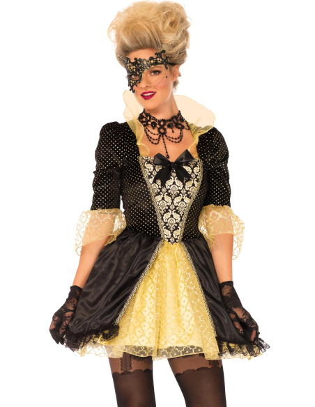Déguisement marquise baroque femme noir et or avec masque