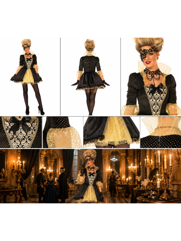 Déguisement marquise baroque femme noir et or avec masque
