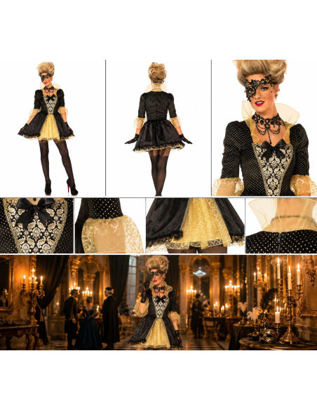 Déguisement marquise baroque femme noir et or avec masque
