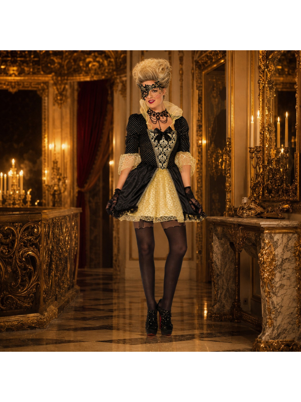 Déguisement marquise baroque femme noir et or avec masque