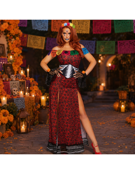 Déguisement Día de los Muertos femme rouge et noir – 5 pièces