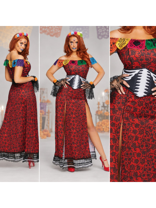 Déguisement Día de los Muertos femme rouge et noir – 5 pièces
