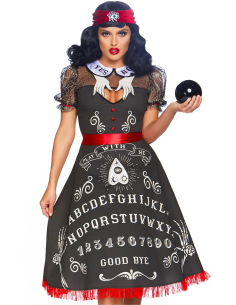 Déguisement ouija femme robe noire avec bandeau rouge