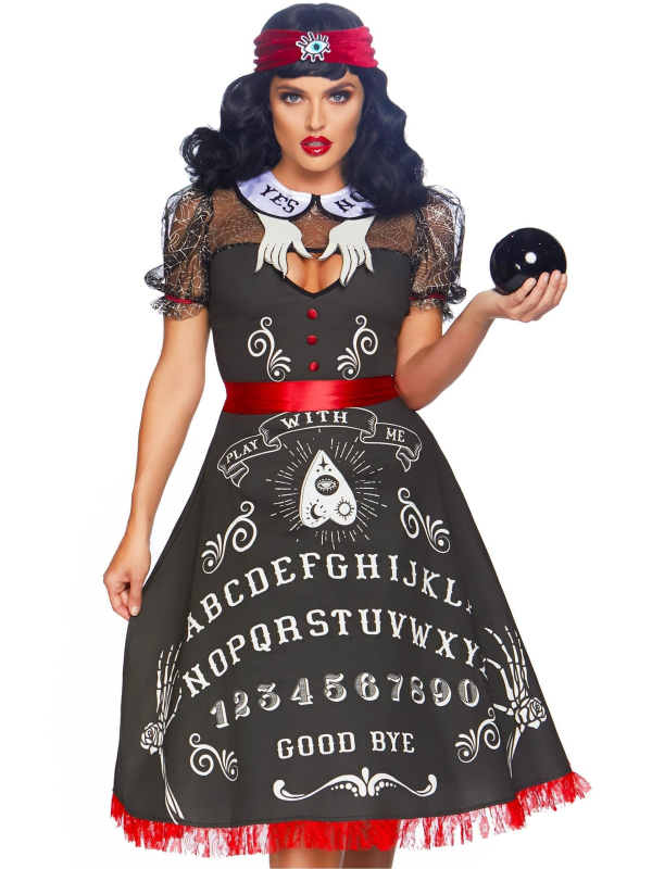 Déguisement ouija femme robe noire avec bandeau rouge