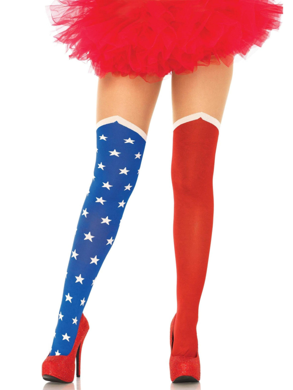 Collant super-héroïne femme original rouge et bleu étoilé