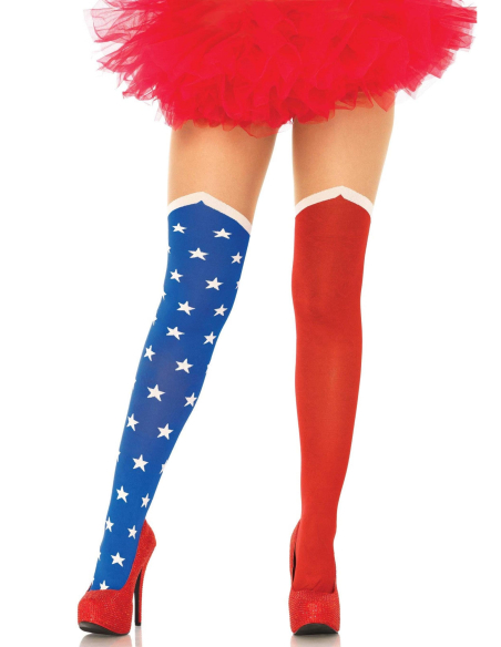Collant super-héroïne femme original rouge et bleu étoilé