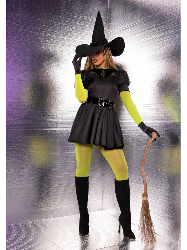 Déguisement sorcière femme noir avec robe évasée et chapeau pointu