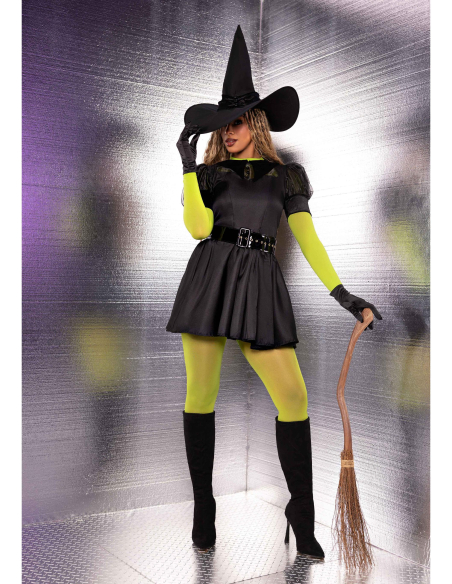 Déguisement sorcière femme noir avec robe évasée et chapeau pointu