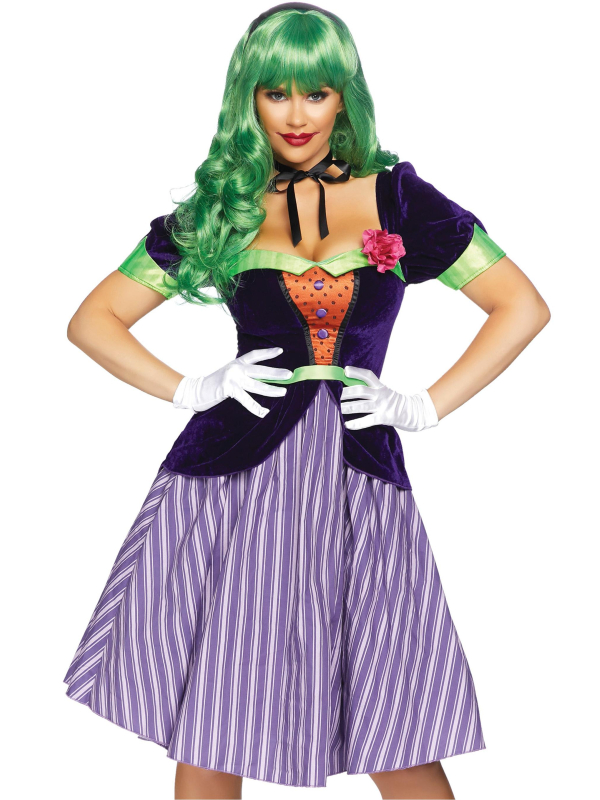 Déguisement clown tueur femme violet vert et orange