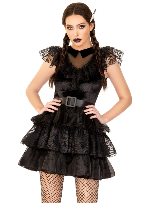 Déguisement rebelle gothique femme noir en velours et dentelle