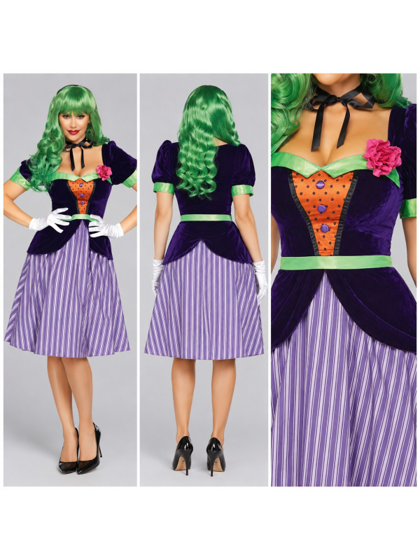 Déguisement clown méchant femme original violet rayé