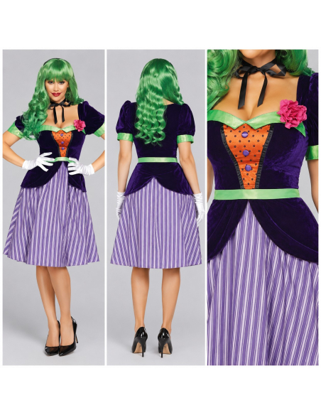 Déguisement clown méchant femme original violet rayé