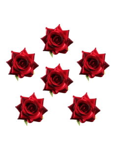 Lot de six roses rouges effet velours avec feuilles vertes