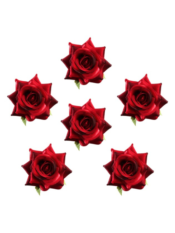 Lot de six roses rouges effet velours avec feuilles vertes