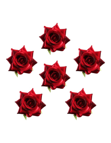 Lot de six roses rouges effet velours avec feuilles vertes