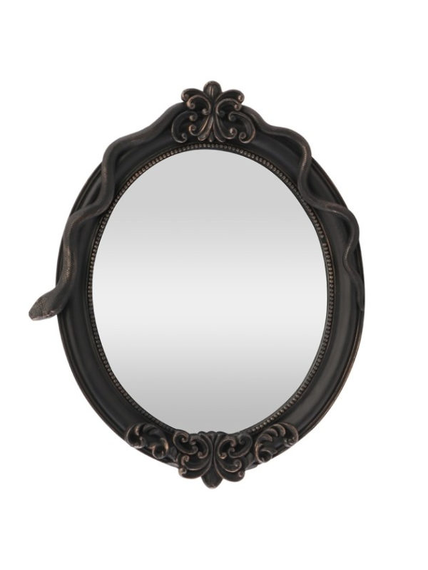 Miroir ovale noir en résine aux ornements baroques