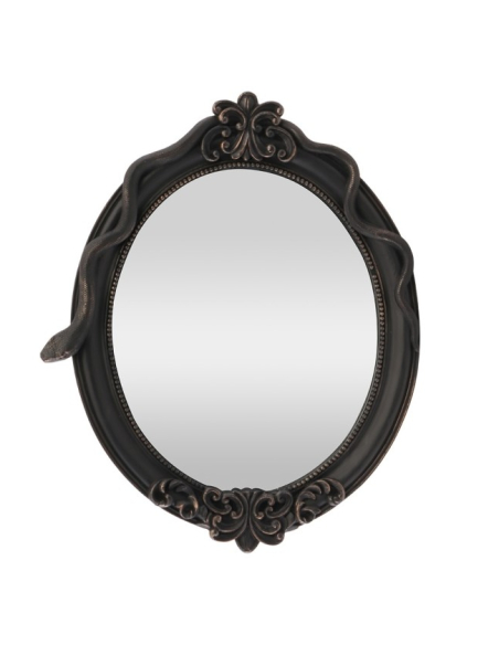 Miroir ovale noir en résine aux ornements baroques