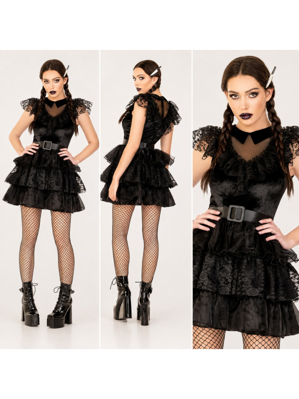 Déguisement Mercredi femme gothique luxe 3 pièces